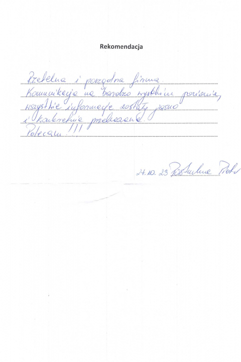 Skan listu referencyjnego: Rekomendacja — rzetelna i pogodna firma