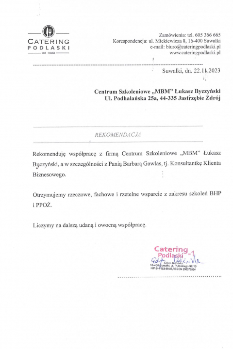 Skan listu referencyjnego: Rekomendacja — Catering Podlaski