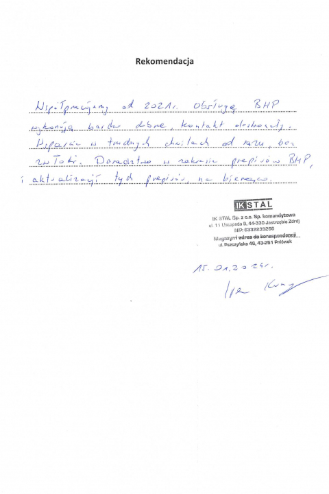 Skan listu referencyjnego: Rekomendacja — IK STAL Sp. z o.o.