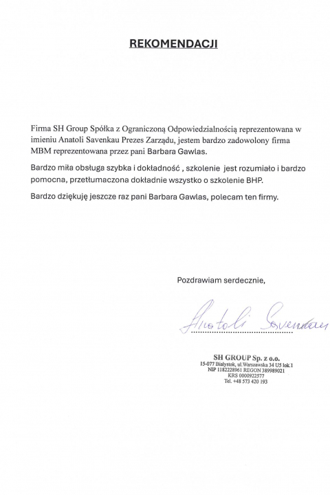 Skan listu referencyjnego: Rekomendacja — SH GROUP Sp. z o.o., Białystok