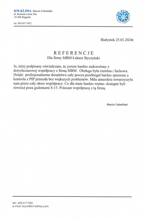 Skan listu referencyjnego: Referencje — KM-KLIMA Marcin Cebeliński