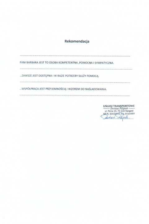 Skan listu referencyjnego: Rekomendacja — Usługi Transportowe Dariusz Filipiak, Stargard