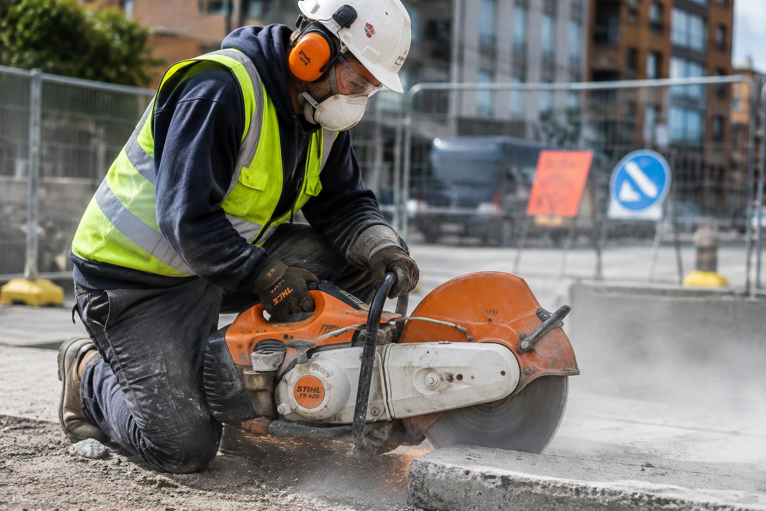 Pracownik przecina płytę betonową przecinarką spalinową